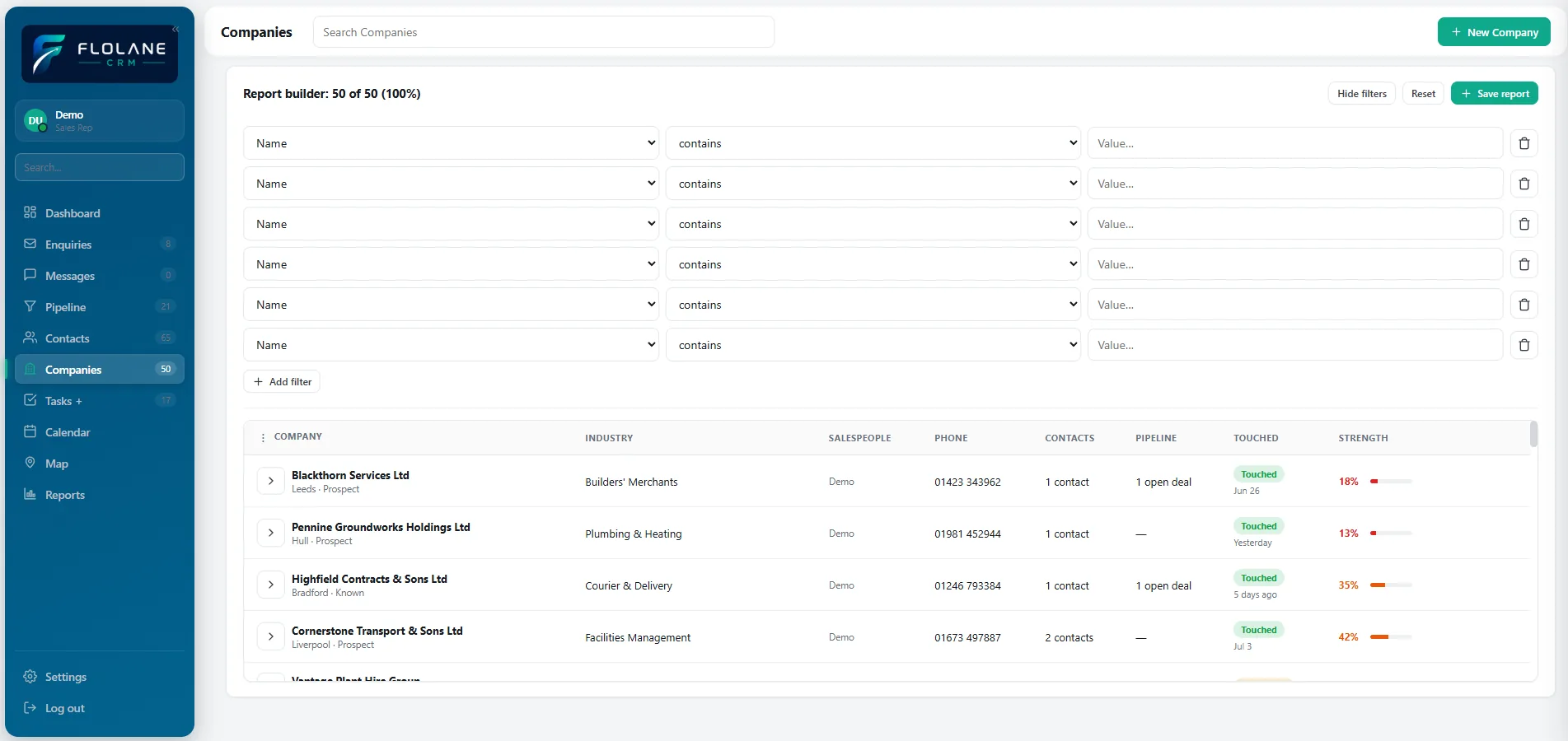 Saved report filters for company data