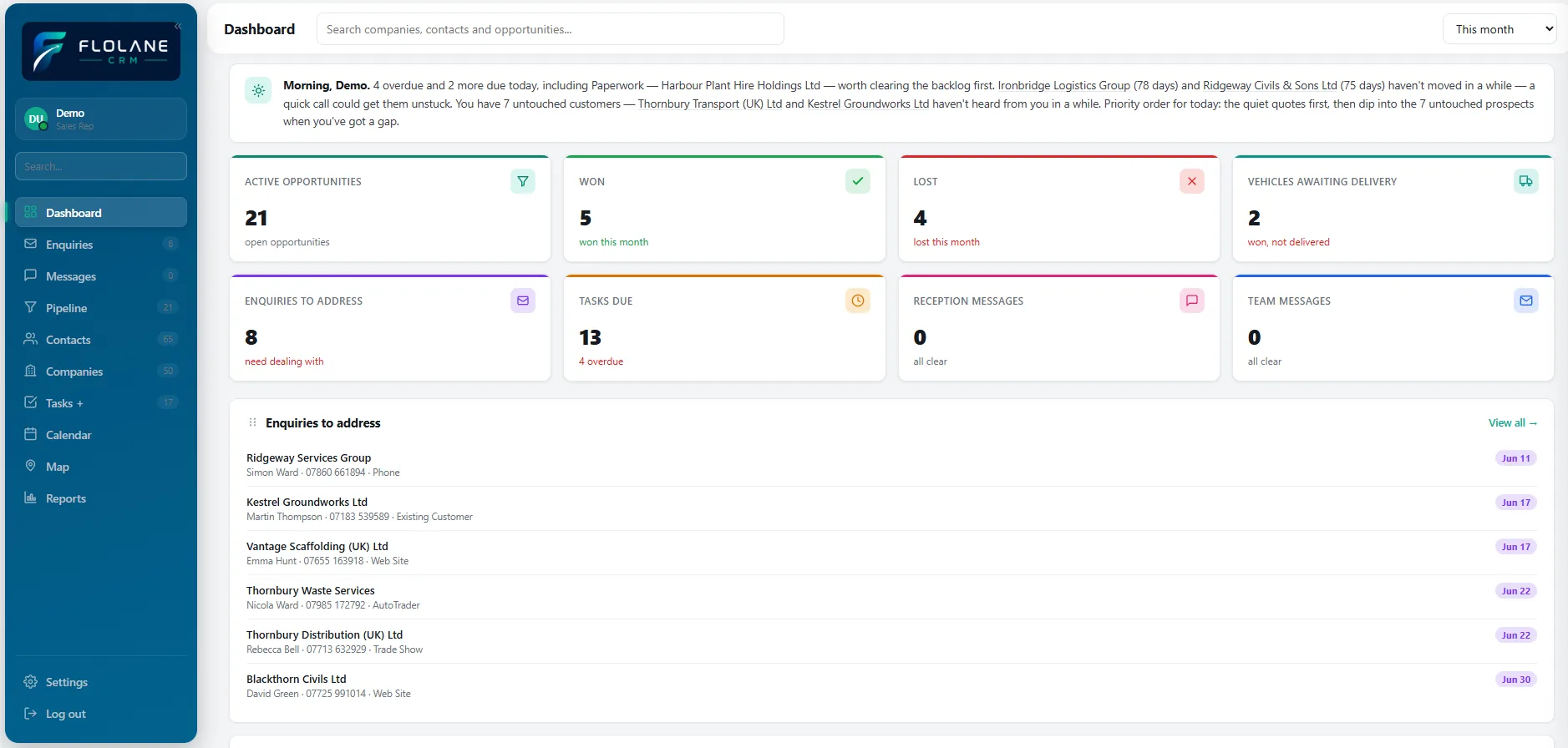 Flolane dashboard showing sales activity and performance metrics