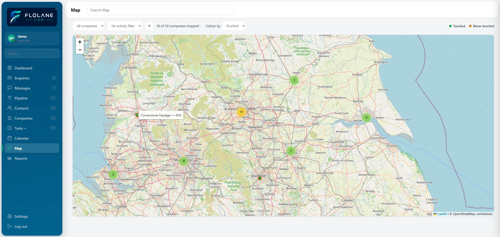 Territory mapping screen showing customer and prospect locations on a map