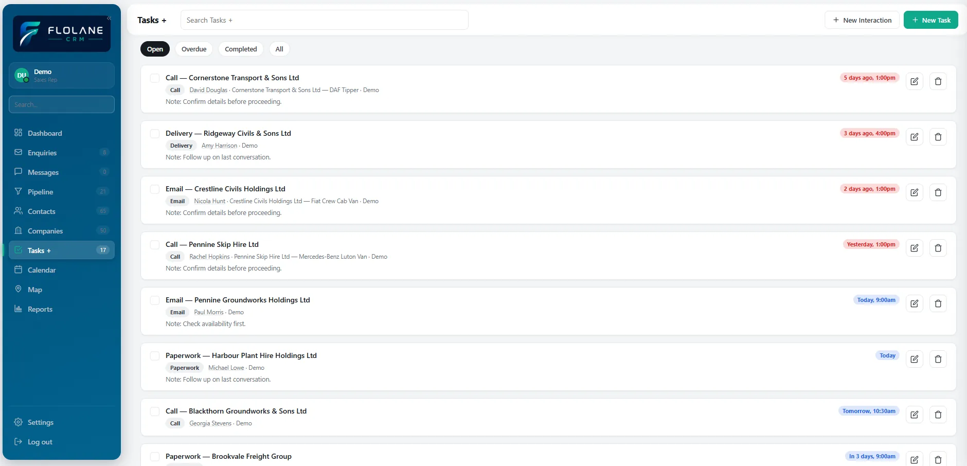 Daily task list showing calls, meetings and reminders